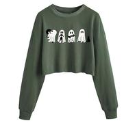Ybing Costume d'Halloween pour femme - Court - Imprimé fantômes - Manches longues - Crop Top - Automne - Hiver - Col rond - Sweat-shirt sans capuche - Carnaval - Festival - Pull horreur festif