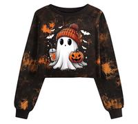 Ybing Costume d'Halloween pour femme - Court - Imprimé fantômes - Manches longues - Crop Top - Automne - Hiver - Col rond - Sweat-shirt sans capuche - Carnaval - Festival - Pull horreur festif
