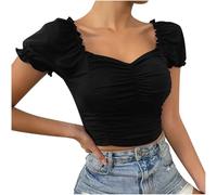 Ybing Crop Top Femme Sexy Plissé Haut Ventre Nu Couleur Unie Col en V T-shirt Coupe Manches Bouffantes Chemisier Doux T-shirt Mince Basique Tops Confortable Manches Courtes Chemisier T-shirt d'été,