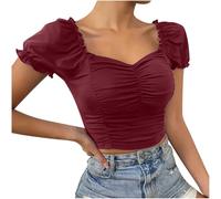 Ybing Crop Top Femme Sexy Plissé Haut Ventre Nu Couleur Unie Col en V T-shirt Coupe Manches Bouffantes Chemisier Doux T-shirt Mince Basique Tops Confortable Manches Courtes Chemisier T-shirt d'été,
