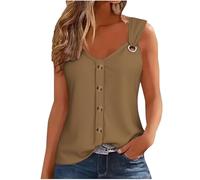 Ybing Débardeur pour femme - Couleur unie - Boutons à bretelles - Décontracté - Col en V - Décontracté - Décontracté - Sans manches - T-shirt d'été fin - Coton - Chemisier streetwear, kaki, L