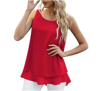 Ybing Débardeur pour femme - Couleur unie - En mousseline de soie - Double couche - Ourlet à bretelles - Élégant - Col rond - Sans manches - Léger - Confortable - Tunique d'été - Gilet fin, rouge, L