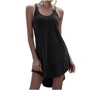 Ybing Débardeur pour femme - Long - Décontracté - Col rond - Chemisier long - Sans manches - Gilet long d'été - Couleur unie - Tunique douce - Débardeurs fins - Haut long en coton, #02 noir., XL