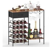 YBING Étagère à vin à 5 étages - Étagère à vin autonome avec plateau de table et support pour verres à vin - Étagère à vin industrielle avec tiroir en tissu - Rangement pour cuisine, bar, marron et