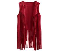 Ybing Gilet à franges en daim pour femme - Sans manches - Manteau folklorique avec pompons - Léger - Gilet de transition ample - Couleur unie - Cardigan mi-long, rouge, M