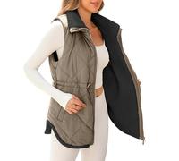 Ybing Gilet long d'hiver à revers en polaire pour femme - Élégant - Couleur unie - Gilet matelassé avec cordon de serrage et poches - Chaud - Doublure en peluche Sherpa - Gilet long sans manches