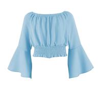 Ybing Haut court/crop top pour fille - Blouse unie avec taille élastiquée - Haut décontracté sans manches - Manches cloches élégantes - Haut à manches longues - Nouveau haut sans épaules - Haut d’été