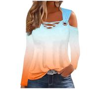 Ybing Hauts épaules dénudées pour femme - Dégradé de couleur - Épaules froides - Manches longues - Col en V - T-shirt fin à manches longues - Confortable - Pull en coton - Chemisier de fête - Tunique,