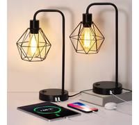 YBING Lot de 2 lampes de table industrielles avec 2 ports USB et prise de courant, lampes de lecture de chevet, lampes de bureau Edison pour chambre à coucher, salon, bureau