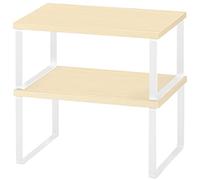 YBING Lot de 2 Organisateurs de Cuisine, Supports pour Placard, en Métal et Bambou Étagère Empilable Extensible, pour Etagère Vaisselle, Comptoirs, Garde-Manger, Bocaux, Tasses, Assiettes(Blanc)