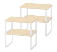 YBING Lot de 4 Organisateurs de Cuisine, Supports pour Placard, en Métal et Bambou Étagère Empilable Extensible, pour Etagère Vaisselle, Comptoirs, Garde-Manger, Bocaux, Tasses, Assiettes（Blanc）