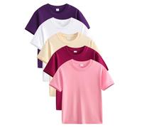 Ybing Lot de 5 t-shirts pour fille - Couleur unie - En coton - Décontracté - Col rond - Léger - Manches courtes - Confortable - Manches courtes - Haut basique - T-shirt d'été, #04 Multicolore, 150