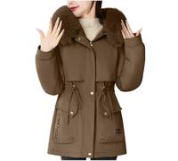 Ybing Manteau d'hiver décontracté uni pour femme - Veste d'hiver fine à capuche avec taille rétractée, fermeture éclair, veste matelassée avec capuche - Veste chaude en coton - Parka d'hiver, café