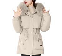 Ybing Manteau d'hiver décontracté uni pour femme - Veste d'hiver fine à capuche avec taille rétractée, fermeture éclair, veste matelassée avec capuche - Veste chaude en coton - Parka d'hiver, Blanc