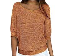 Ybing Pull en tricot à manches 3/4 pour femme - Couleur unie - Manches longues - Décontracté - Col rond - Pull léger à manches longues - Chemisier fin - Grandes tailles - Haut assorti - S-5XL, jaune,