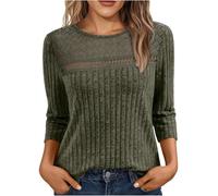 Ybing Pull à manches 3/4 côtelées pour femme - Couleur unie - Col rond - Décontracté - Col rond - Doux - Décontracté - Manches longues - Confortable - Basique - Haut à manches longues, Vert armée., M