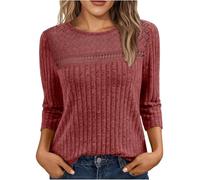 Ybing Pull à manches 3/4 côtelées pour femme - Couleur unie - Manches longues - Décontracté - Col rond - Chemisier doux - Décontracté - Manches longues - Confortable - Basique, rouge, XXL