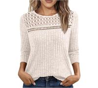 Ybing Pull à manches 3/4 côtelées pour femme - Couleur unie - Manches longues - Décontracté - Col rond - Chemisier doux - Décontracté - Manches longues - Confortable - Basique, beige, XL