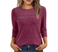 Ybing Pull à manches 3/4 côtelées pour femme - Couleur unie - Manches longues - Décontracté - Col rond - Chemisier doux - Décontracté - Manches longues - Confortable - Basique, P-ink, XL