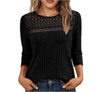 Ybing Pull à manches 3/4 côtelées pour femme - Couleur unie - Manches longues - Décontracté - Col rond - Chemisier doux - Décontracté - Manches longues - Confortable - Basique, Noir , S