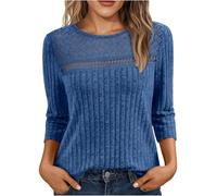 Ybing Pull à manches 3/4 côtelées pour femme - Couleur unie - Manches longues - Décontracté - Col rond - Chemisier doux - Décontracté - Manches longues - Confortable - Basique, bleu, L