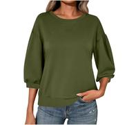 Ybing Pull à manches 3/4 pour femme - Décontracté - Couleur unie - Sans capuche - Épaules recoupées - T-shirt à manches longues - Col rond - Chemisier à manches longues - Haut basique, Vert armée., XL