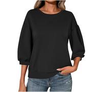 Ybing Pull à manches 3/4 pour femme - Décontracté - Couleur unie - Sans capuche - Épaules recoupées - T-shirt à manches longues - Col rond - Chemisier à manches longues - Haut basique, Noir , XL