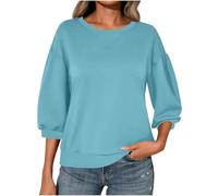 Ybing Pull à manches 3/4 pour femme - Décontracté - Couleur unie - Sans capuche - Épaules recoupées - T-shirt à manches longues - Col rond - Chemisier à manches longues - Haut basique, bleu, XL