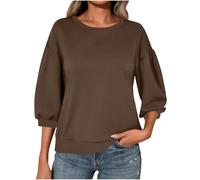 Ybing Pull à manches 3/4 pour femme - Décontracté - Couleur unie - Sans capuche - Épaules recoupées - T-shirt à manches longues - Col rond - Chemisier à manches longues - Haut basique, marron, XL