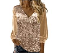 Ybing Pull à paillettes pour femme - Élégant chemisier en velours doré - Décontracté - Paillettes - Manches longues - Léger - Col en V - Pull à manches longues - Haut confortable - Pour femme -