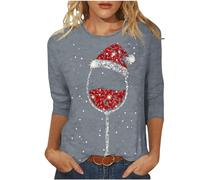 Ybing Pull de Noël à manches 3/4 pour femme - Imprimé verre à vin - Élégant - Col rond - Grandes tailles - T-shirt de Noël - Coupe longue - T-shirt léger - S-5XL, #07 Gris., XXL