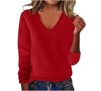 Ybing Pull élégant en tricot uni pour femme - Décontracté - Col en V - Chaud - Pull en tricot - Pull ample à manches longues - Confortable - Pour adolescentes et filles, #02 rouge., S