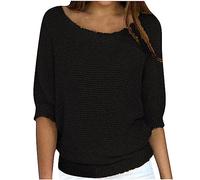 Ybing Pull en tricot à manches 3/4 pour femme - Couleur unie - Manches longues - Décontracté - Col rond - Pull léger à manches longues - Chemisier fin - Grandes tailles - Haut assorti - S-5XL, Noir ,