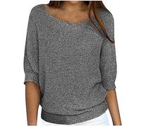 Ybing Pull en tricot à manches 3/4 pour femme - Couleur unie - Manches longues - Décontracté - Col rond - Pull léger à manches longues - Chemisier fin - Grandes tailles - Haut assorti - S-5XL, gris, M