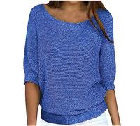 Ybing Pull en tricot à manches 3/4 pour femme - Couleur unie - Manches longues - Décontracté - Col rond - Pull léger à manches longues - Chemisier fin - Grandes tailles - Haut assorti - S-5XL, bleu,