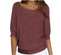 Ybing Pull en tricot à manches 3/4 pour femme - Couleur unie - Manches longues - Décontracté - Col rond - Pull léger à manches longues - Chemisier fin - Grandes tailles - Haut assorti - S-5XL, marron,