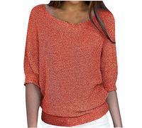 Ybing Pull en tricot à manches 3/4 pour femme - Couleur unie - Manches longues - Décontracté - Col rond - Pull léger à manches longues - Chemisier fin - Grandes tailles - Haut assorti - S-5XL, Orange,