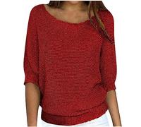Ybing Pull en tricot à manches 3/4 pour femme - Couleur unie - Manches longues - Décontracté - Col rond - Pull léger à manches longues - Chemisier fin - Grandes tailles - Haut assorti - S-5XL, rouge,