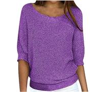 Ybing Pull en tricot à manches 3/4 pour femme - Couleur unie - Manches longues - Décontracté - Col rond - Pull léger à manches longues - Chemisier fin - Grandes tailles - Haut assorti - S-5XL, Violet,