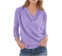 Ybing Pull tendance pour femme - T-shirt à manches longues plissé - Col en V - Décontracté - Couleur unie - T-shirt à manches longues - Léger - Basique - En coton - Tunique confortable, Violet, XXL