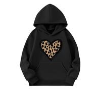 Ybing Sweat à capuche pour fille - Motif cœur léopard - Sweat à capuche décontracté - Unisexe - Pull chaud avec poches - Automne - Hiver - Sweat à capuche ample - Haut streetwear, Noir , 160