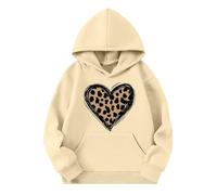 Ybing Sweat à capuche pour fille - Motif cœur léopard - Sweat à capuche décontracté - Unisexe - Pull chaud avec poches - Automne - Hiver - Sweat à capuche ample - Haut streetwear, beige, 140