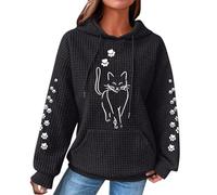 Ybing Sweat à capuche Waffle pour femme - Motif chaton - Imprimé pattes de chat - Sweat à capuche décontracté avec capuche - Cordon de serrage - Confortable - Manches longues - Avec poche - Chemisier