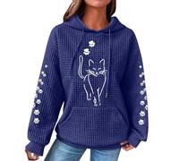 Ybing Sweat à capuche Waffle pour femme - Motif chaton - Imprimé pattes de chat - Sweat à capuche décontracté avec capuche - Cordon de serrage - Confortable - Manches longues - Avec poche - Chemisier