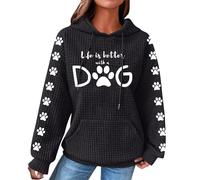 Ybing Sweat à capuche Waffle pour femme - Motif chaton - Imprimé pattes de chat - Sweat à capuche décontracté avec capuche - Cordon de serrage - Confortable - Manches longues - Avec poche - Chemisier