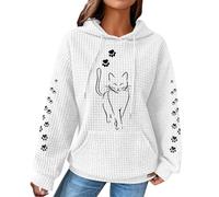 Ybing Sweat à capuche Waffle pour femme - Motif chaton - Imprimé pattes de chat - Sweat à capuche décontracté avec capuche - Cordon de serrage - Confortable - Manches longues - Avec poche - Chemisier