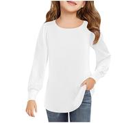 Ybing T-shirt à manches longues pour fille - Couleur unie - Décontracté - Col rond - Confortable - Manches longues - T-shirt classique en coton - Tunique à manches longues - T-shirt basique, Blanc.,