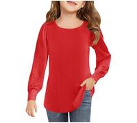Ybing T-shirt à manches longues pour fille - Couleur unie - Décontracté - Col rond - Confortable - Manches longues - T-shirt classique en coton - Tunique à manches longues - T-shirt basique, rouge,