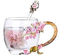 YBK Tech Creative Flower Tasse à thé en verre de cristal pour boisson chaude, thé glacé - Papillon violet et fleur de prunier (sans boîte cadeau) (rose, petite taille (320 ml)