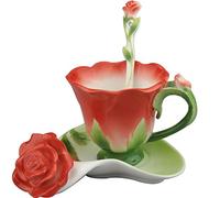YBK Tech Ensemble de tasses à café et soucoupe en porcelaine anglaise 3D Motif rose Rouge